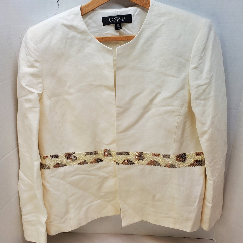 Kasper Ivory‎ Linen Blend Sequin Leopard Trim Collarless Blazer 12 Mob Wife Y2K